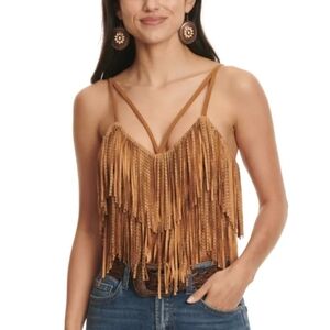 New Large Blue B Women's Camel Tiered Studded Fringe Bodysuit